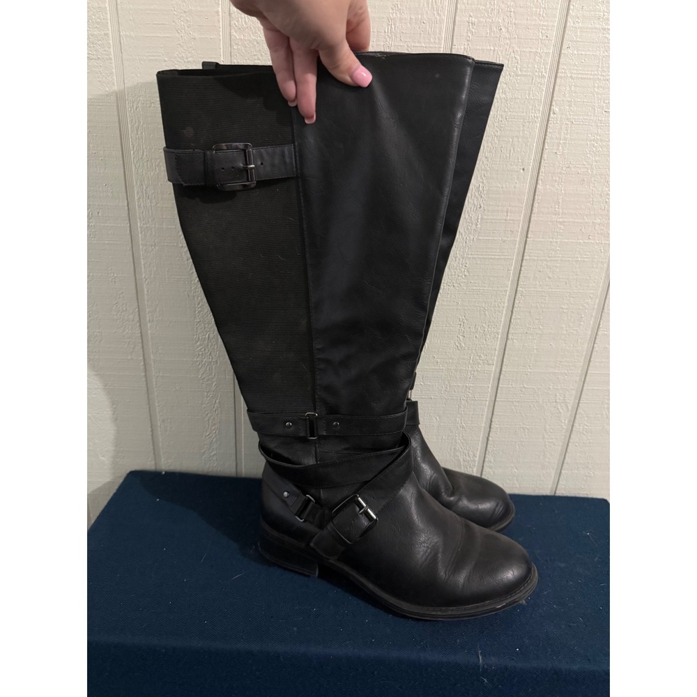 Torrid Women Black Faux Leather Buckle Strap Wide Calf Tall Riding Boots 9.5W